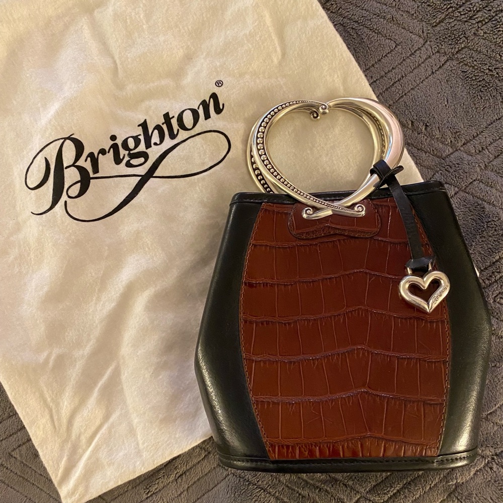 Brighton Burgundy/Black Corazon Croc Embossed Leather Bag w/Heart Handles